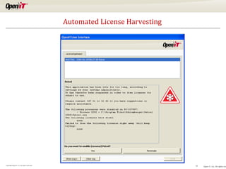 Automated License Harvesting




Copyright OpeniT, Inc. All rights reserved                                  21   Open iT, Inc. All rights res
 