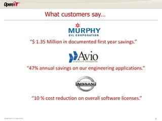 What customers say…



                                              “$ 1.35 Million in documented first year savings.”



                                             “47% annual savings on our engineering applications.”




                                               “10 % cost reduction on overall software licenses.”


Copyright OpeniT, Inc. All rights reserved                                                           4
 
