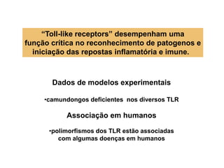 “Toll-like receptors” desempenham uma
função crítica no reconhecimento de patogenos e
iniciação das repostas inflamatória e imune.
Dados de modelos experimentais
•camundongos deficientes nos diversos TLR
Associação em humanos
•polimorfismos dos TLR estão associadas
com algumas doenças em humanos
 