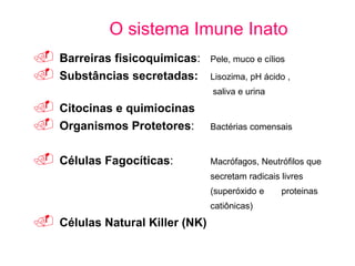  Barreiras fisicoquimicas: Pele, muco e cílios
 Substâncias secretadas: Lisozima, pH ácido ,
saliva e urina
 Citocinas e quimiocinas
 Organismos Protetores: Bactérias comensais
 Células Fagocíticas: Macrófagos, Neutrófilos que
secretam radicais livres
(superóxido e proteinas
catiônicas)
 Células Natural Killer (NK)
O sistema Imune Inato
 