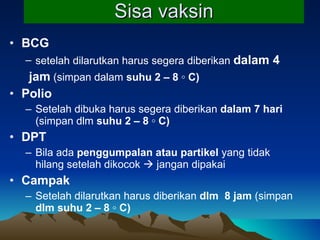 Sisa vaksin BCG  setelah dilarutkan harus segera diberikan  dalam  4 jam  (simpan dalam  suhu 2 – 8 ◦ C) Polio  Setelah dibuka harus segera diberikan  dalam 7 hari  (simpan dlm  suhu 2 – 8 ◦ C)   DPT  Bila ada  penggumpalan atau partikel  yang tidak hilang setelah dikocok    jangan dipakai Campak  Setelah dilarutkan harus diberikan  dlm  8 jam  (simpan  dlm suhu 2 – 8 ◦ C) 