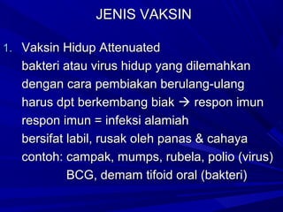 JJEENNIISS VVAAKKSSIINN 
11.. VVaakkssiinn HHiidduupp AAtttteennuuaatteedd 
bbaakktteerrii aattaauu vviirruuss hhiidduupp yyaanngg ddiilleemmaahhkkaann 
ddeennggaann ccaarraa ppeemmbbiiaakkaann bbeerruullaanngg--uullaanngg 
hhaarruuss ddpptt bbeerrkkeemmbbaanngg bbiiaakk  rreessppoonn iimmuunn 
rreessppoonn iimmuunn == iinnffeekkssii aallaammiiaahh 
bbeerrssiiffaatt llaabbiill,, rruussaakk oolleehh ppaannaass && ccaahhaayyaa 
ccoonnttoohh:: ccaammppaakk,, mmuummppss,, rruubbeellaa,, ppoolliioo ((vviirruuss)) 
BBCCGG,, ddeemmaamm ttiiffooiidd oorraall ((bbaakktteerrii)) 
 