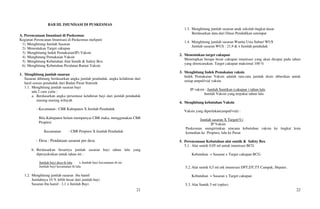 21
BAB III. IMUNISASI DI PUSKESMAS
A. Perencanaan Imunisasi di Puskesmas
Kegiatan Perencanan Imunisasi di Puskesmas meliputi:
1) Menghitung Jumlah Sasaran
2) Menentukan Target cakupan
3) Menghitumg Indek Pemakaian(IP) Vaksin
4) Menghitung Pemakaian Vaksin
5) Menghitung Kebutuhan Alat Suntik  Safety Box
6) Menghitung Kebutuhan Peralatan Rantai Vaksin
1. Menghitung jumlah sasaran
Sasaran dihitung berdasarkan angka jumlah penduduk, angka kelahiran dari
hasil sensus penduduk dari Badan Pusat Statistik
1.1. Menghitung jumlah sasaran bayi
ada 2 cara yaitu :
a. Berdasarkan angka persentase kelahiran bayi dari jumlah penduduk
masing-masing wilayah
- Kecamatan : CBR Kabupaten X Jumlah Penduduk
Bila Kabupaten belum mempunyai CBR maka, menggunakan CBR
Propinsi
Kecamatan : CBR Propinsi X Jumlah Penduduk
- Desa : Pendataan sasaran per desa
b. Berdasarkan besarnya jumlah sasaran bayi tahun lalu yang
diproyeksikan untuk tahun ini :
Jumlah bayi desa th lalu x Jumlah bayi kecamatan th ini
Jumlah bayi kecamatan th lalu
1.2. Menghitung jumlah sasaran ibu hamil
Jumlahnya 10 % lebih besar dari jumlah bayi
Sasaran ibu hamil : 1,1 x Jumlah Bayi
22
1.3. Menghitung jumlah sasaran anak sekolah tingkat dasar
Berdasarkan data dari Dinas Pendidikan setempat
1.4. Menghitung jumlah sasaran Wanita Usia Subur/ WUS
Jumlah sasaran WUS : 21,9  x Jumlah penduduk
2. Menentukan target cakupan
Menetapkan berapa besar cakupan imunisasi yang akan dicapai pada tahun
yang direncanakan. Target cakupan maksimal 100 %
3. Menghitung Indek Pemakaian vaksin
Indek Pemakaian Vaksin adalah rata-rata jumlah dosis diberikan untuk
setiap ampul/vial vaksin.
IP vaksin : Jumlah Suntikan (cakupan ) tahun lalu
Jumlah Vaksin yang terpakai tahun lalu
4. Menghitung kebutuhan Vaksin
Vaksin yang diperlukan(ampul/vial) :
Jumlah sasaran X Target(%)
IP Vaksin
Puskesmas mengirimkan rencana kebutuhan vaksin ke tingkat kota
kemudian ke Propinsi, lalu ke Pusat
5. Perencanaan Kebutuhan alat suntik  Safety Box
5.1. Alat suntik 0.05 ml untuk imunisasi BCG
Kebutuhan = Sasaran x Target cakupan BCG
5.2. Alat suntik 0,5 ml utk imunisasi DPT,DT,TT Campak, Hepatis.
Kebutuhan = Sasaran x Target cakupan
5.3. Alat Suntik 5 ml (oplos)
 