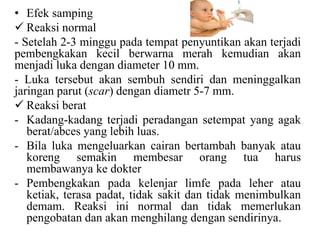 • Efek samping
 Reaksi normal
- Setelah 2-3 minggu pada tempat penyuntikan akan terjadi
pembengkakan kecil berwarna merah kemudian akan
menjadi luka dengan diameter 10 mm.
- Luka tersebut akan sembuh sendiri dan meninggalkan
jaringan parut (scar) dengan diametr 5-7 mm.
 Reaksi berat
- Kadang-kadang terjadi peradangan setempat yang agak
berat/abces yang lebih luas.
- Bila luka mengeluarkan cairan bertambah banyak atau
koreng semakin membesar orang tua harus
membawanya ke dokter
- Pembengkakan pada kelenjar limfe pada leher atau
ketiak, terasa padat, tidak sakit dan tidak menimbulkan
demam. Reaksi ini normal dan tidak memerlukan
pengobatan dan akan menghilang dengan sendirinya.
 
