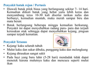 Penyakit batuk rejan / Pertusis
• Diawali batuk pilek biasa yang berlangsung sekitar 7- 14 hari.
Kemudian diikuti batuk yang hebat yaitu lebih keras dan
menyambung terus 10-30 kali disertai tarikan nafas dan
berbunyi, kemudian muntah, muka merah sampai biru dan
mata berair.
• Batuk berlangsung beberapa minggu kemudian berkurang.
Penyakit ini dapat menyebabkan radang paru- paru dan terjadi
kerusakan otak sehingga dapat menyebabkan kejang, pingsan
sampai terjadi kematian.
Penyakit Tetanus
• Kejang/ kaku seluruh tubuh
• Mulut kaku dan sukar dibuka, punggung kaku dan melengkung
• Kejang dirasakan sangat sakit
• Pada bayi yang baru lahir (5-28 hari) mendadak tidak dapat
menetek karena mulutnya kaku dan mencucu seperti mulut
ikan
 