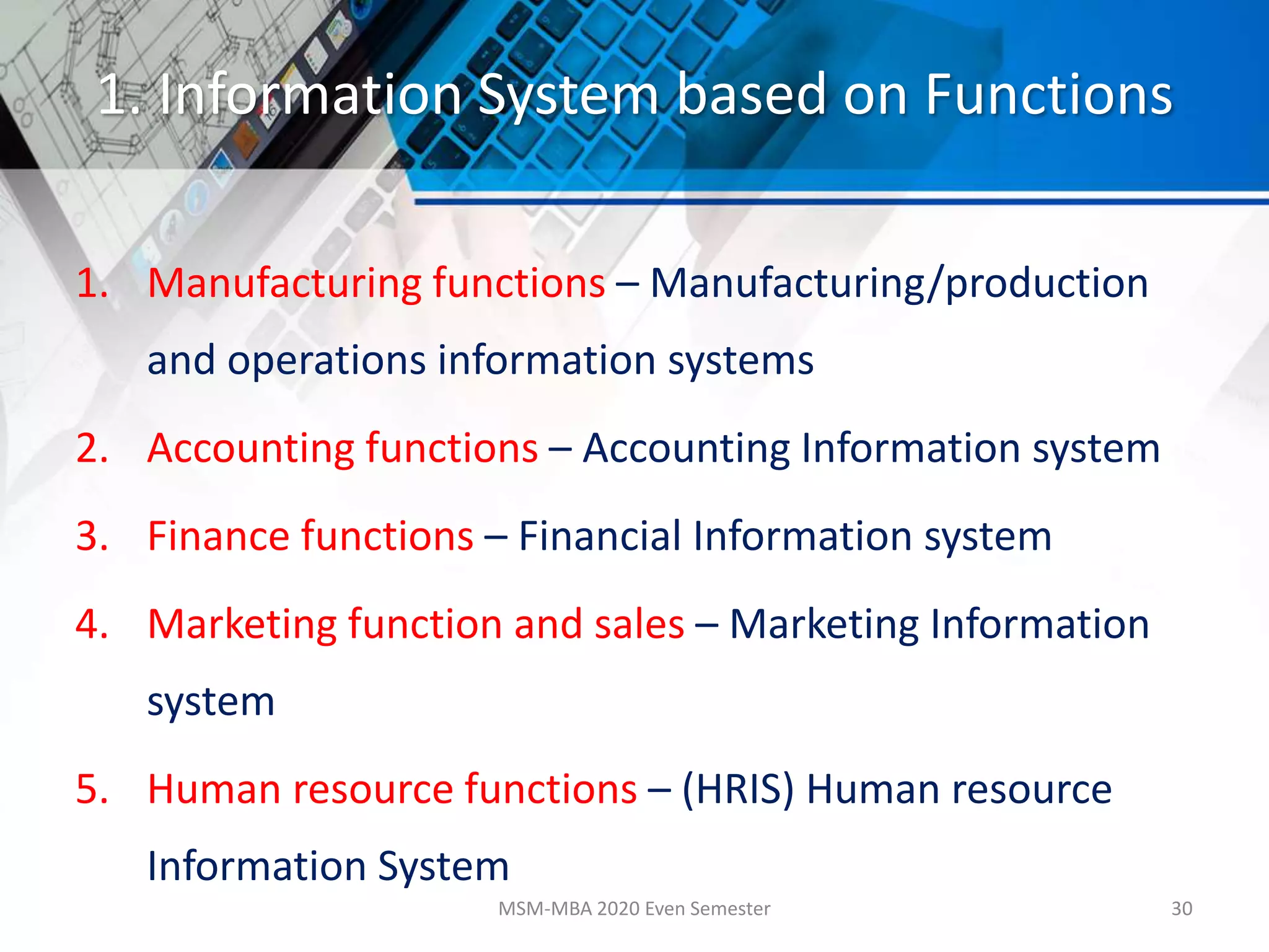 1. Information System based on Functions
1. Manufacturing functions – Manufacturing/production
and operations information systems
2. Accounting functions – Accounting Information system
3. Finance functions – Financial Information system
4. Marketing function and sales – Marketing Information
system
5. Human resource functions – (HRIS) Human resource
Information System
MSM-MBA 2020 Even Semester 30
 