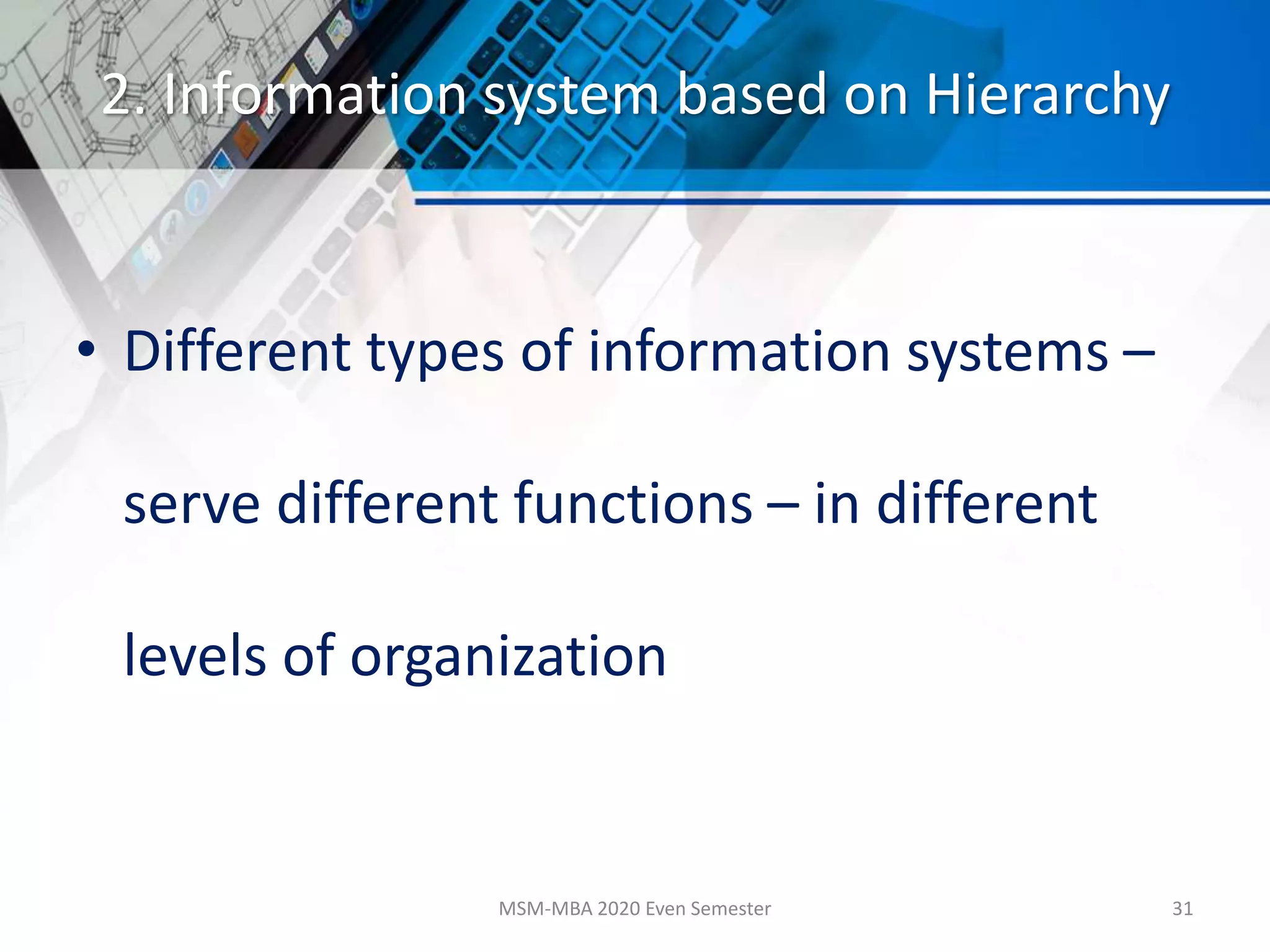 2. Information system based on Hierarchy
• Different types of information systems –
serve different functions – in different
levels of organization
MSM-MBA 2020 Even Semester 31
 