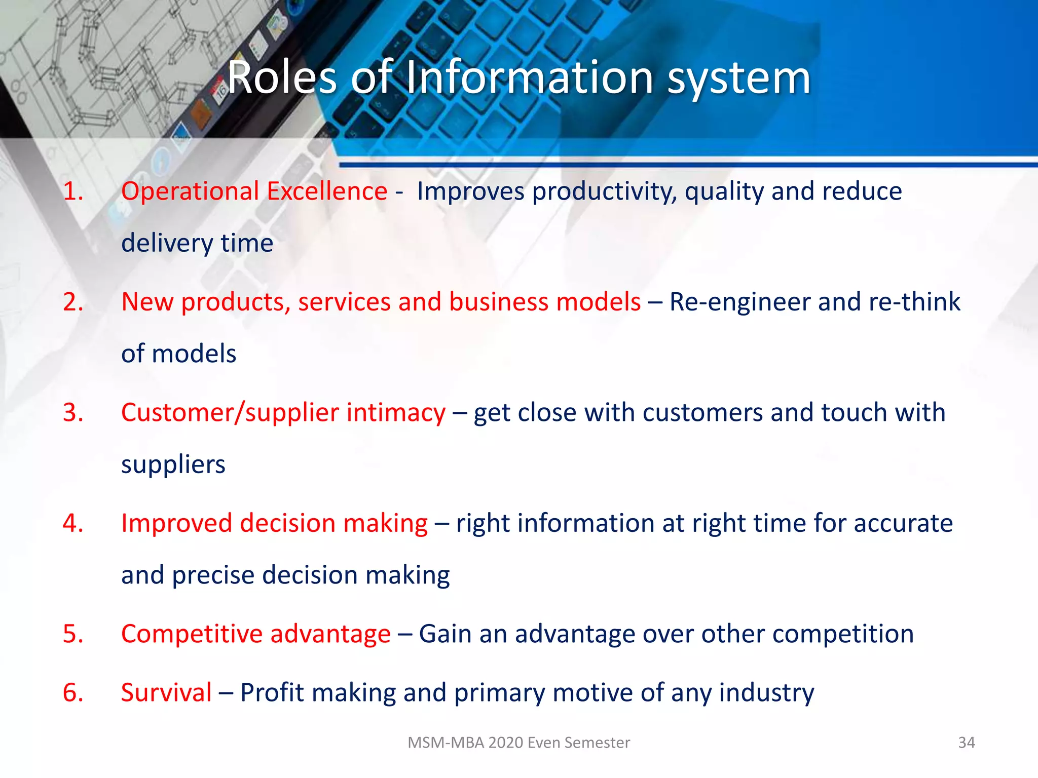 Roles of Information system
1. Operational Excellence - Improves productivity, quality and reduce
delivery time
2. New products, services and business models – Re-engineer and re-think
of models
3. Customer/supplier intimacy – get close with customers and touch with
suppliers
4. Improved decision making – right information at right time for accurate
and precise decision making
5. Competitive advantage – Gain an advantage over other competition
6. Survival – Profit making and primary motive of any industry
MSM-MBA 2020 Even Semester 34
 