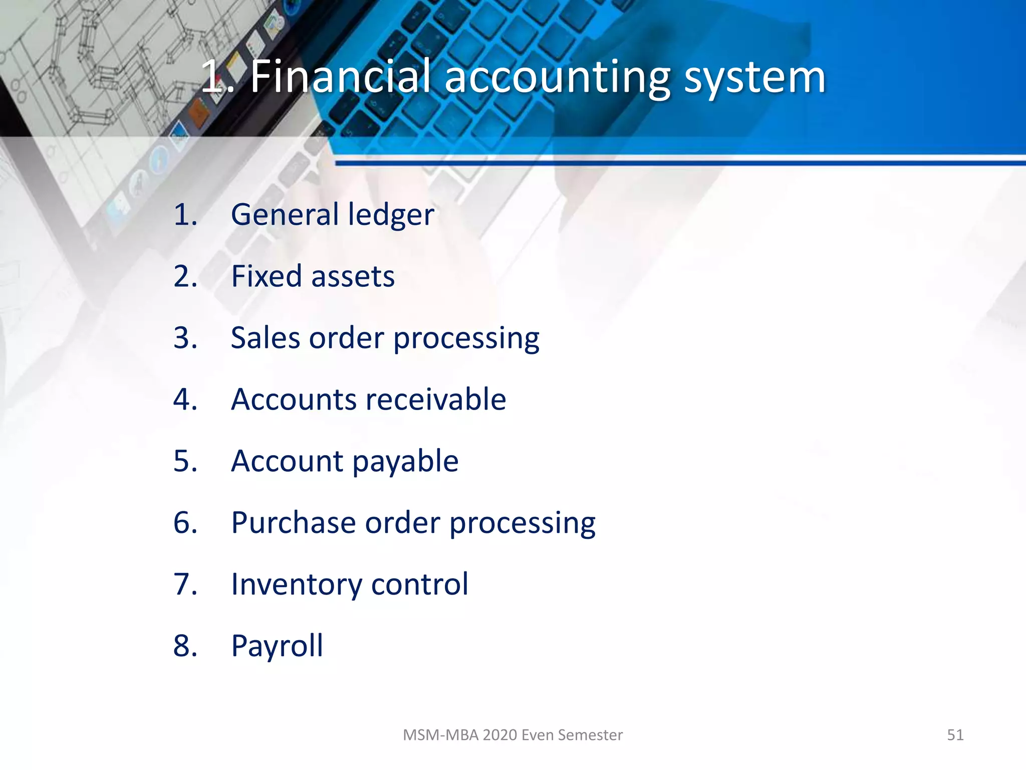 1. Financial accounting system
1. General ledger
2. Fixed assets
3. Sales order processing
4. Accounts receivable
5. Account payable
6. Purchase order processing
7. Inventory control
8. Payroll
MSM-MBA 2020 Even Semester 51
 