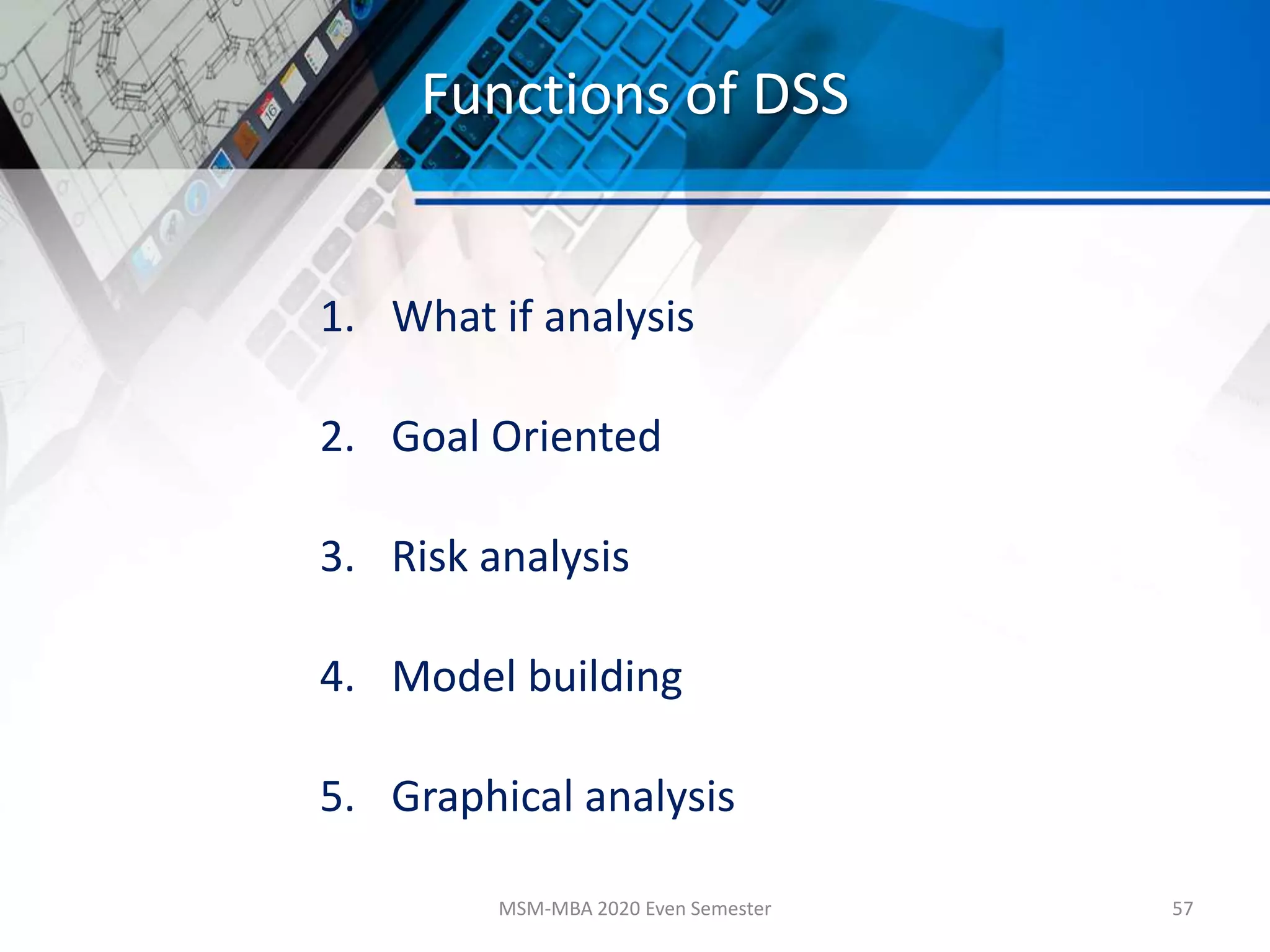 Functions of DSS
1. What if analysis
2. Goal Oriented
3. Risk analysis
4. Model building
5. Graphical analysis
MSM-MBA 2020 Even Semester 57
 