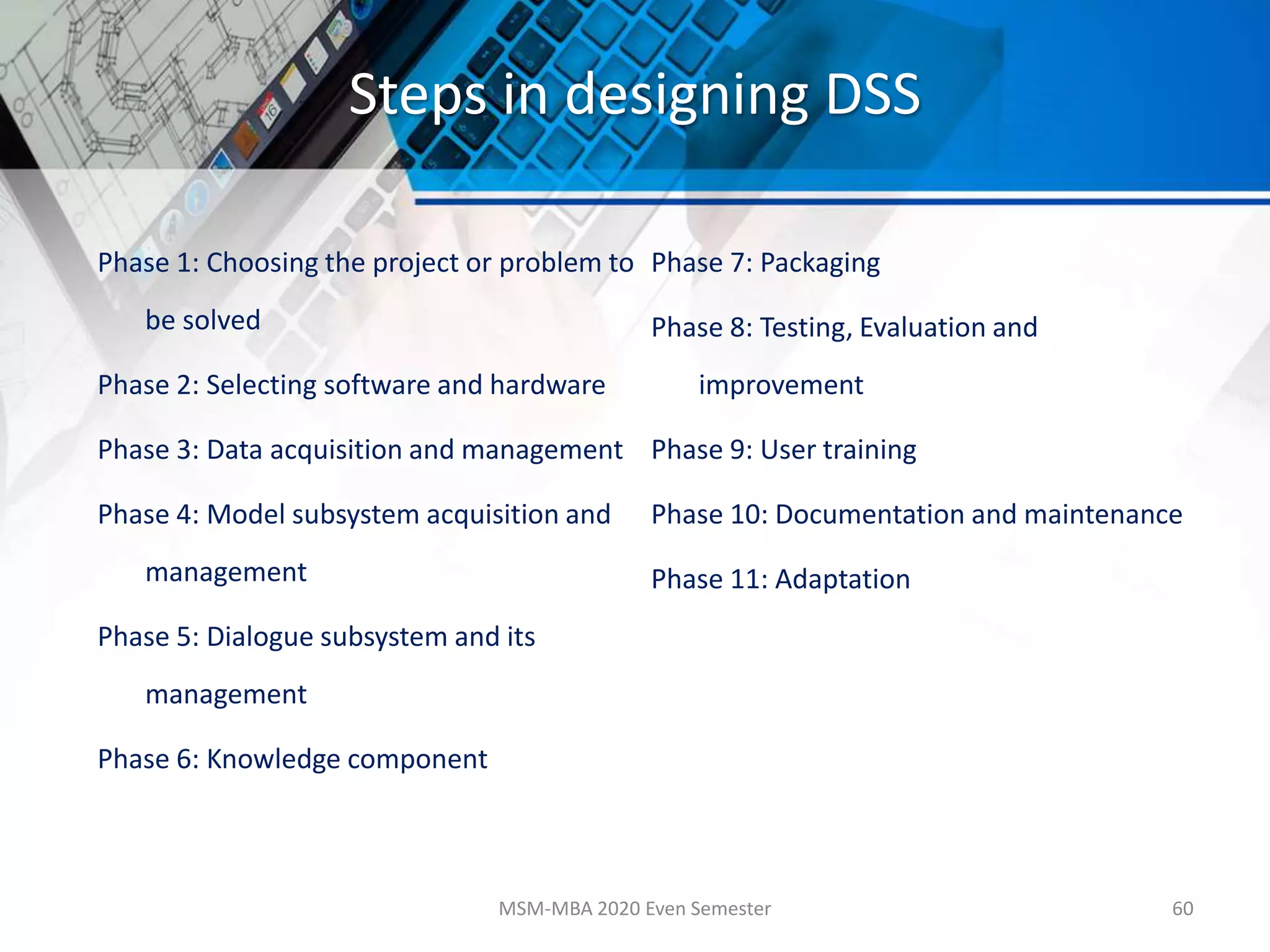 Steps in designing DSS
Phase 1: Choosing the project or problem to
be solved
Phase 2: Selecting software and hardware
Phase 3: Data acquisition and management
Phase 4: Model subsystem acquisition and
management
Phase 5: Dialogue subsystem and its
management
Phase 6: Knowledge component
Phase 7: Packaging
Phase 8: Testing, Evaluation and
improvement
Phase 9: User training
Phase 10: Documentation and maintenance
Phase 11: Adaptation
MSM-MBA 2020 Even Semester 60
 
