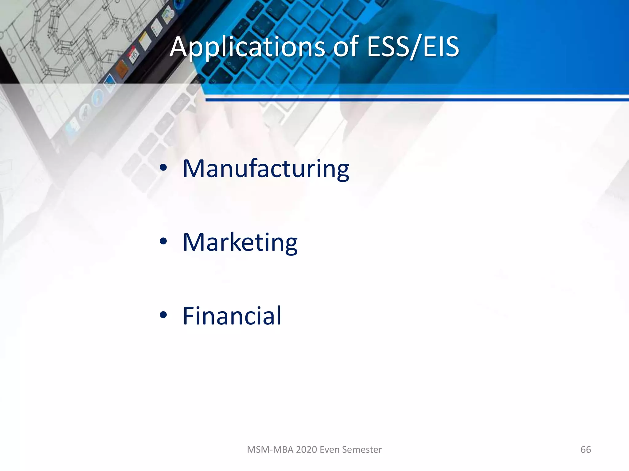 Applications of ESS/EIS
• Manufacturing
• Marketing
• Financial
MSM-MBA 2020 Even Semester 66
 