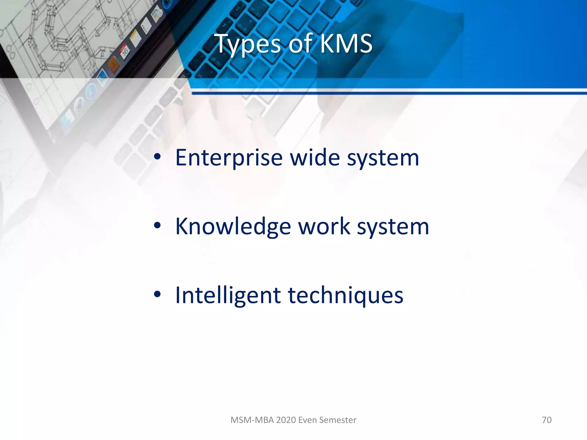 Types of KMS
• Enterprise wide system
• Knowledge work system
• Intelligent techniques
MSM-MBA 2020 Even Semester 70
 
