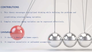 CONTRIBUTIONS
1. This theory encourages disciplined thinking while defining the problems and
establishing relations among variables.
2. Complex relations among variables can be expressed effectively.
Limitation
1. It doesn’t deals with human aspect.
2. It requires unrealistic or unfounded assumptions.
 