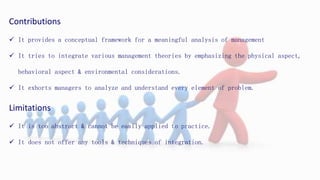 Contributions
 It provides a conceptual framework for a meaningful analysis of management
 It tries to integrate various management theories by emphasizing the physical aspect,
behavioral aspect & environmental considerations.
 It exhorts managers to analyze and understand every element of problem.
Limitations
 It is too abstract & cannot be easily applied to practice.
 It does not offer any tools & techniques of integration.
 