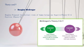 Theory x and Y
 Douglas McGregor
Douglas Proposed two distinct views of human beings one Negative(Theory-X) &
Positive (Theory-Y)
 