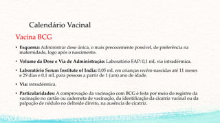 Calendário Vacinal
Vacina BCG
• Esquema: Administrar dose única, o mais precocemente possível, de preferência na
maternidade, logo após o nascimento.
• Volume da Dose e Via de Administração: Laboratório FAP: 0,1 mL via intradérmica.
• Laboratório Serum Institute of India: 0,05 mL em crianças recém-nascidas até 11 meses
e 29 dias e 0,1 mL para pessoas a partir de 1 (um) ano de idade.
• Via: intradérmica.
• Particularidades: A comprovação da vacinação com BCG é feita por meio do registro da
vacinação no cartão ou caderneta de vacinação, da identificação da cicatriz vacinal ou da
palpação de nódulo no deltoide direito, na ausência de cicatriz.
 