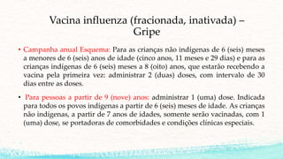Vacina influenza (fracionada, inativada) –
Gripe
• Campanha anual Esquema: Para as crianças não indígenas de 6 (seis) meses
a menores de 6 (seis) anos de idade (cinco anos, 11 meses e 29 dias) e para as
crianças indígenas de 6 (seis) meses a 8 (oito) anos, que estarão recebendo a
vacina pela primeira vez: administrar 2 (duas) doses, com intervalo de 30
dias entre as doses.
• Para pessoas a partir de 9 (nove) anos: administrar 1 (uma) dose. Indicada
para todos os povos indígenas a partir de 6 (seis) meses de idade. As crianças
não indígenas, a partir de 7 anos de idades, somente serão vacinadas, com 1
(uma) dose, se portadoras de comorbidades e condições clínicas especiais.
 