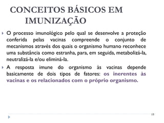CONCEITOS BÁSICOS EM
       IMUNIZAÇÃO
   O processo imunológico pelo qual se desenvolve a proteção
    conferida pelas vacinas compreende o conjunto de
    mecanismos através dos quais o organismo humano reconhece
    uma substância como estranha, para, em seguida, metabolizá-la,
    neutralizá-la e/ou eliminá-la.
   A resposta imune do organismo às vacinas depende
    basicamente de dois tipos de fatores: os inerentes às
    vacinas e os relacionados com o próprio organismo.




                                                                     15
 