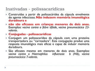 Inativadas - polissacarídicas
   Construídas a partir de polissacárides da cápsula envolvente
    do agente infeccioso. Não induzem memória imunológica
    duradoura e
   não são eficazes em crianças menores de dois anos.
    Exemplos: vacina contra a febre tifóide, vacina pneumocócica 23-
    valente.
   Conjugadas - polissacarídicas
   Conjugam um polissacarídeo da cápsula com uma proteína
    transportadora ou “carreadora”. Esta conjugação produz uma
    resposta imunológica mais eficaz e capaz de induzir memória
    duradoura.
   São eficazes mesmo em menores de dois anos. Exemplos:
    vacina contra o Haemophilus influenzae b (Hib), vacina
    pneumocócica 7-valente.
 