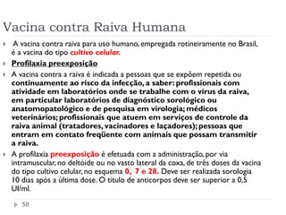 Vacina contra Raiva Humana
    A vacina contra raiva para uso humano, empregada rotineiramente no Brasil,
    é a vacina do tipo cultivo celular.
   Profilaxia preexposição
   A vacina contra a raiva é indicada a pessoas que se expõem repetida ou
    continuamente ao risco da infecção, a saber: profissionais com
    atividade em laboratórios onde se trabalhe com o vírus da raiva,
    em particular laboratórios de diagnóstico sorológico ou
    anatomopatológico e de pesquisa em virologia; médicos
    veterinários; profissionais que atuem em serviços de controle da
    raiva animal (tratadores, vacinadores e laçadores); pessoas que
    entram em contato freqüente com animais que possam transmitir
    a raiva.
   A profilaxia preexposição é efetuada com a administração, por via
    intramuscular, no deltóide ou no vasto lateral da coxa, de três doses da vacina
    do tipo cultivo celular, no esquema 0, 7 e 28. Deve ser realizada sorologia
    10 dias após a última dose. O título de anticorpos deve ser superior a 0,5
    UI/ml.
       50
 