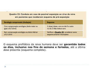 O esquema profilático da raiva humana deve ser garantido todos
os dias, inclusive nos fins de semana e feriados, até a última
dose prescrita (esquema completo).
 