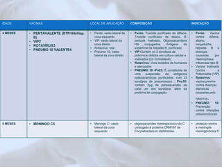 IDADE VACINAS LOCAL DE APLICAÇÃO COMPOSIÇÃO INDICAÇÃO 
4 MESES • PENTAVALENTE (DTP/Hib/Hep. 
B) 
• VIP2 
• ROTAVÍRUS3 
• PNEUMO 10 VALENTE4 
• Penta: vasto lateral da 
coxa esquerdo 
• VIP: vasto lateral da 
coxa direito 
• Rotavírus: oral 
• Pneumo 10: vasto 
lateral da coxa direito 
• Penta: Toxóide purificado de difteria, 
Toxóide purificado de tétano, B. 
pertusis inativado, Oligossacarídeos 
Hib conjugados, Antígeno de 
superfície da hepatite B, purificado 
• VIP-Contém os 3 sorotipos de 
poliovírus obtidos em cultura celular e 
inativados por formaldeído; 
• Rotavírus: vírus isolados de humanos 
e atenuados 
• PNEUMO 10 -Pn23: É constituída de 
uma suspensão de antígenos 
polissacarídicos purificados, com 23 
sorotipos de pneumococo ; Pnc10: 
contém 2μg de polissacarídeo de 
cada um dos sorotipos, além da 
proteína de conjugação 
• Penta: Vacina 
contra difteria, 
tétano, 
coqueluche, 
hepatite B e 
doenças 
causadas por 
Haemophilus 
influenzae tipo B 
• Vacina Inativada 
Contra a 
Poliomielite (VIP) 
• Rotavírus: 
vacina previne 
contra doenças 
diarreicas 
causadas pelo 
rotavírus. 
• PNEUMO 10: 
Prevenção 
contra infecções 
pneumocócicas 
5 MESES • MENINGO C5 • Meningo C: vasto 
lateral da coxa 
esquerdo 
• oligossacarídeo meningocócico do C 
conjugado à proteína CRM197 de 
Corynebacterium diphtheriae. 
• proteção contra 
a meningite 
meningocócica C 
 
