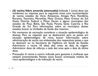 (3) vacina febre amarela (atenuada): Indicada 1 (uma) dose aos
 residentes ou viajantes para as seguintes áreas com recomendação
 da vacina: estados do Acre, Amazonas, Amapá, Pará, Rondônia,
 Roraima, Tocantins, Maranhão, Mato Grosso, Mato Grosso do Sul,
 Goiás, Distrito Federal e Minas Gerais e alguns municípios dos
 estados do Piauí, Bahia, São Paulo, Paraná, Santa Catarina e Rio
 Grande do Sul. Para informações sobre os municípios destes
 estados, buscar as Unidades de Saúde dos mesmos.
 No momento da vacinação considerar a situação epidemiológica da
 doença. Para os viajantes que se deslocarem para os países em
 situação epidemiológica de risco, buscar informações sobre
 administração da vacina nas embaixadas dos respectivos países a que
 se destinam ou na Secretaria de Vigilância em Saúde do Estado.
 Administrar a vacina 10 (dez) dias antes da data da viagem.
 Administrar dose de reforço, a cada dez anos após a data da última
 dose.
 Precaução: A vacina é contra indicada para gestante e mulheres que
 estejam amamentando. Nestes casos buscar orientação médica do
 risco epidemiológico e da indicação da vacina.


31
 