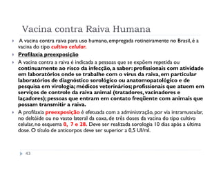 Vacina contra Raiva Humana
 A vacina contra raiva para uso humano, empregada rotineiramente no Brasil, é a
vacina do tipo cultivo celular.
Profilaxia preexposição
A vacina contra a raiva é indicada a pessoas que se expõem repetida ou
continuamente ao risco da infecção, a saber: profissionais com atividade
em laboratórios onde se trabalhe com o vírus da raiva, em particular
laboratórios de diagnóstico sorológico ou anatomopatológico e de
pesquisa em virologia; médicos veterinários; profissionais que atuem em
serviços de controle da raiva animal (tratadores, vacinadores e
laçadores); pessoas que entram em contato freqüente com animais que
possam transmitir a raiva.
A profilaxia preexposição é efetuada com a administração, por via intramuscular,
no deltóide ou no vasto lateral da coxa, de três doses da vacina do tipo cultivo
celular, no esquema 0, 7 e 28. Deve ser realizada sorologia 10 dias após a última
dose. O título de anticorpos deve ser superior a 0,5 UI/ml.



   43
 