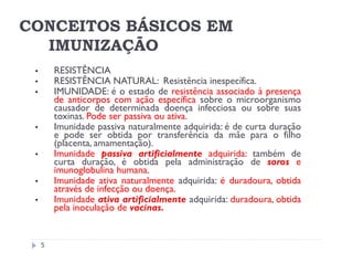 CONCEITOS BÁSICOS EM
  IMUNIZAÇÃO
 •       RESISTÊNCIA
 •       RESISTÊNCIA NATURAL: Resistência inespecífica.
 •       IMUNIDADE: é o estado de resistência associado à presença
         de anticorpos com ação específica sobre o microorganismo
         causador de determinada doença infecciosa ou sobre suas
         toxinas. Pode ser passiva ou ativa.
 •       Imunidade passiva naturalmente adquirida: é de curta duração
         e pode ser obtida por transferência da mãe para o filho
         (placenta, amamentação).
 •       Imunidade passiva artificialmente adquirida: também de
         curta duração, é obtida pela administração de soros e
         imunoglobulina humana.
 •       Imunidade ativa naturalmente adquirida: é duradoura, obtida
         através de infecção ou doença.
 •       Imunidade ativa artificialmente adquirida: duradoura, obtida
         pela inoculação de vacinas.


     5
 