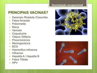 Imunização ocupacional
PRINCIPAIS VACINAS?
 Sarampo /Rubéola /Caxumba
 Febre Amarela
 Poliomielite
 Raiva
 Varicela
...