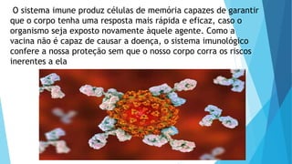 O sistema imune produz células de memória capazes de garantir
que o corpo tenha uma resposta mais rápida e eficaz, caso o
organismo seja exposto novamente àquele agente. Como a
vacina não é capaz de causar a doença, o sistema imunológico
confere a nossa proteção sem que o nosso corpo corra os riscos
inerentes a ela
 