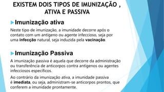 EXISTEM DOIS TIPOS DE IMUNIZAÇÃO ,
ATIVA E PASSIVA
Imunização ativa
Neste tipo de imunização, a imunidade decorre após o
contato com um antígeno ou agente infeccioso, seja por
uma infecção natural, seja induzida pela vacinação.
Imunização Passiva
A imunização passiva é aquela que decorre da administração
ou transferência de anticorpos contra antígenos ou agentes
infecciosos específicos.
Ao contrário da imunização ativa, a imunidade passiva
é imediata, ou seja, administram-se anticorpos prontos, que
conferem a imunidade prontamente.
 