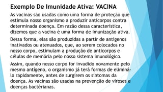 Exemplo De Imunidade Ativa: VACINA
As vacinas são usadas como uma forma de proteção que
estimula nosso organismo a produzir anticorpos contra
determinada doença. Em razão dessa característica,
dizemos que a vacina é uma forma de imunização ativa.
Dessa forma, elas são produzidas a partir de antígenos
inativados ou atenuados, que, ao serem colocados no
nosso corpo, estimulam a produção de anticorpos e
células de memória pelo nosso sistema imunológico.
Assim, quando nosso corpo for invadido novamente pelo
mesmo antígeno, o organismo já terá formas de eliminá-
lo rapidamente, antes de surgirem os sintomas da
doença. As vacinas são usadas na prevenção de viroses e
doenças bactérianas.
 