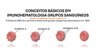 CONCEITOS BÁSICOS EM
IMUNOHEMATOLOGIA GRUPOS SANGUÍNEOS
O Sistema ABO foi o primeiro sistema de grupos sanguíneos descoberto em 1900.
 