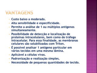 • Custo baixo a moderado.
• Alta sensibilidade e especificidade.
• Permite a análise de 1 ou múltiplos antígenos
simultaneamente.
• Possibilidade de detecção e localização de
proteínas intracelulares, bem como do tráfego
intracelular. Para essa finalidade, as membranas
celulares são solubilizadas com Triton.
• É possível analisar 1 antígeno particular em
vários tecidos em uma mesma lâmina.
• Aplicável a células vivas.
• Padronização e realização simples.
• Necessidade de pequenas quantidades de tecido.
 