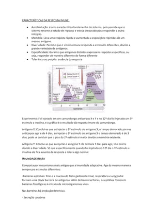 CARACTERÍSTICAS DA RESPOSTA IMUNE:

    x   Autolimitação: é uma característica fundamental do sistema, pois permite que o
        sistema retorne a estado de repouso e esteja preparado para responder a outra
        infecção.
    x   Memória: Leva uma resposta rápida e aumentada a exposições repetidas de um
        mesmo antígeno.
    x   Diversidade: Permite que o sistema imune responda a estímulos diferentes, devido a
        grande variedade de antígenos.
    x   Especificidade: Garante que antígenos distintos expressem respostas específicas, ou
        seja, responder de maneira diferente de forma diferente
    x   Tolerância ao próprio: ausência da resposta




Experimento: Foi injetado em um camundongo anticorpos X e Y e no 12º dia foi injetado um 3º
estimulo a insulina, e o gráfico é o resultado da resposta imune do camundongo.

Antígeno X: Conclui-se que ao injetar o 1º estimulo de antígeno X, o tempo demorado para os
anticorpos agir é de 4 dias, ao injetar o 2º estimulo de antígeno X o tempo demorado é de 3
dias, pode se concluir que o pico do 2º estimulo é maior devido a memória existente.

Antígeno Y: Conclui-se que ao injetar o antígeno Y ele demora 7 dias para agir, isto ocorre
devido a diversidade. Só que especificamente quando foi injetado no 12º dia o 3º estimulo a
insulina ele fica ausente de resposta e tolera algo normal.

IMUNIDADE INATA

Composta por mecanismos mais antigos que a Imunidade adaptativa. Age da mesma maneira
sempre pra estímulos diferentes:

-Barreiras epiteliais: Pele e a mucosa do trato gastrointestinal, respiratório e urogenital
formam uma obvia barreira de antígenos. Além de barreiras físicas, os epitélios fornecem
barreiras fisiológicas á entrada de microorganismos vivos.

Nas barreiras há produção defensiva.

- Secreção corpórea
 