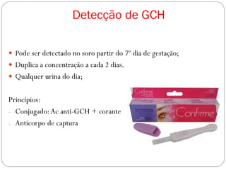 Detecção de GCH
 Pode ser detectado no soro partir do 7º dia de gestação;
 Duplica a concentração a cada 2 dias.
 Qualquer urina do dia;
Princípios:
- Conjugado:Ac anti-GCH + corante
- Anticorpo de captura
 