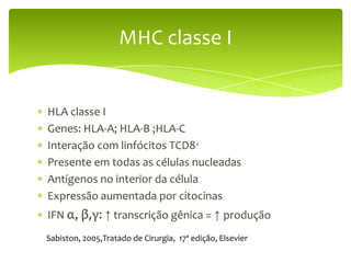 MHC classe I


HLA classe I
Genes: HLA-A; HLA-B ;HLA-C
Interação com linfócitos TCD8+
Presente em todas as células nucleadas
Antígenos no interior da célula
Expressão aumentada por citocinas
IFN α, β,γ: ↑ transcrição gênica = ↑ produção
Sabiston, 2005,Tratado de Cirurgia, 17ª edição, Elsevier
 