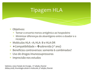 Tipagem HLA


          Objetivos:
              Tornar o enxerto menos antigênico ao hospedeiro
              Minimizar diferenças do aloantígeno entre o doador e o
              receptor
          Moléculas HLA –A; HLA- B e HLA-DR
          +Compatibilidade = sobrevida (1º ano)
          Benefícios controversos: somente 6 combinados?
          Uso de drogas imunossupressoras
          Imprecisão nos estudos

Sabiston, 2005,Tratado de Cirurgia, 17ª edição, Elsevier
Abbas,2008, Imunologia celular e molecular, 6ª edição, Elsevier
 