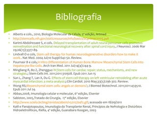 Bibliografia
Alberts e cols., 2010, Biologia Molecular da Célula, 5ª edição, Artmed
http://stemcells.nih.gov/staticresources/info/basics/SCprimer2009.pdf
Karimi-Abdolrezaee S, e cols. Delayed transplantation of adult neural percursor cells promotes
remvelination and functional neurological recovery after spinal cord injury, J Neurosci. 2006 Mar
29;26(13):3377-89.
Lindvall O e cols, Stem cell therapy for human neurodegenerative disorders-how to make it
work.. Nat Med. 2004 Jul;10 Suppl:S42-50. Review.
Pournasr B e cols,In Vitro Differentiation of Human Bone Marrow Mesenchymal Stem Cells into
Hepatocyte-like Cells. Arch Iran Med. 2011 Jul;14(4):244-9.
Mingliang R, Bo Z, Zhengguo W;Stem cells for cardiac repair: status, mechanisms, and new
strategies.; Stem Cells Int. 2011;2011:310928. Epub 2011 Jun 15
Sun L, Zhang T, Lan X, Du G. Effects of stem cell therapy on left ventricular remodeling after acute
myocardial infarction: a meta-analysis ; Clin Cardiol. 2010 May;33(5):296-302. Review.
Wong RS;Mesenchymal stem cells: angels or demons?; J Biomed Biotechnol. 2011;2011:459510.
Epub 2011 Jul 24.
Abbas,2008, Imunologia celular e molecular, 6ª edição, Elsevier
Sabiston, 2005,Tratado de Cirurgia, 17ª edição, Elsevier
http://www.scielo.br/img/revistas/abem/v52n2/04f2.gif; acessado em 18/09/2011
Kalil e Panajotopoulos, Imunologia do Transplante Renal, Princípios de Nefrologia e Distúrbios
Hidroeletrolíticos, Riella, 4ª edição, Guanabara Koogan, 2003
 