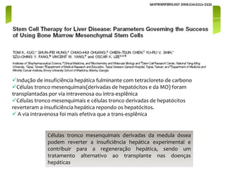 Indução de insuficiência hepática fulminante com tetracloreto de carbono
Células tronco mesenquimais(derivadas de hepatócitos e da MO) foram
transplantadas por via intravenosa ou intra-esplênica
Células tronco mesenquimais e células tronco derivadas de hepatócitos
reverteram a insuficiência hepática repondo os hepatócitos.
 A via intravenosa foi mais efetiva que a trans-esplênica


              Células tronco mesenquimais derivadas da medula óssea
              podem reverter a insuficiência hepática experimental e
              contribuir para a regeneração hepática, sendo um
              tratamento alternativo ao transplante nas doenças
              hepáticas
 