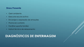 Stress Presente
• Gerir ambiente
• Executar escuta activa

• Encorajar a expressão de emoções
• Promover conforto
• Facilitar suporte familiar
• Instruir técnica de relaxamento

DIAGNÓSTICOS DE ENFERMAGEM

 