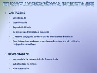 o VANTAGENS
• Sensibilidade
• Especificidade
• Reprodutibilidade
• De simples padronização e execução
• O mesmo conjugado pode ser usado em sistemas diferentes
• Para determinar as classes e subclasses de anticorpos são utilizados
conjugados específicos
o DESVANTAGENS
• Necessidade de microscópio de fluorescência
• Subjetividade na leitura
• Não-automação
 