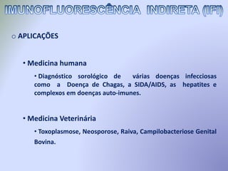 o APLICAÇÕES
• Medicina humana
• Diagnóstico sorológico de várias doenças infecciosas
como a Doença de Chagas, a SIDA/AIDS, as hepatites e
complexos em doenças auto-imunes.
• Medicina Veterinária
• Toxoplasmose, Neosporose, Raiva, Campilobacteriose Genital
Bovina.
 