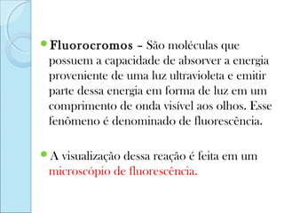 Fluorocromos      – São moléculas que
 possuem a capacidade de absorver a energia
 proveniente de uma luz ultravioleta e emitir
 parte dessa energia em forma de luz em um
 comprimento de onda visível aos olhos. Esse
 fenômeno é denominado de fluorescência.

A visualização dessa reação é feita em um
 microscópio de fluorescência.
 
