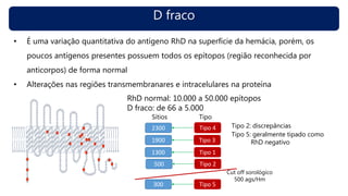 D fraco
• É uma variação quantitativa do antígeno RhD na superfície da hemácia, porém, os
poucos antígenos presentes possuem todos os epítopos (região reconhecida por
anticorpos) de forma normal
• Alterações nas regiões transmembranares e intracelulares na proteína
RhD normal: 10.000 a 50.000 epítopos
D fraco: de 66 a 5.000
Sítios Tipo
Tipo 2: discrepâncias
Tipo 5: geralmente tipado como
RhD negativo
2300
1900
1300
500
300
Tipo 4
Tipo 3
Tipo 1
Tipo 2
Tipo 5
Cut off sorológico
500 ags/Hm
 