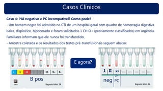 Casos Clínicos
Caso 4: PAI negativo e PC incompatível? Como pode?
- Um homem negro foi admitido no CTI de um hospital geral com quadro de hemorragia digestiva
baixa, dispinéico, hipocorado e foram solicitados 1 CH O+ (previamente classificados) em urgência.
Familiares informam que ele nunca foi transfundido.
- Amostra coletada e os resultados dos testes pré-transfusionais seguem abaixo:
B pos neg
I II x1
2+
PC
E agora?
 