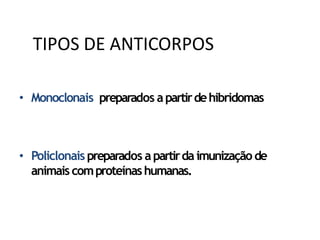 • Monoclonais preparados apartirdehibridomas
• Policlonais preparados apartirdaimunização de
animaiscomproteínashumanas.
TIPOS DE ANTICORPOS
 