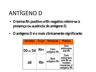 • O termoRh positivo eRh negativorefere-seà
presençaouausência do antígenoD.
• O antígenoD éo mais clinicamentesignificante
ANTÍGENO D
 